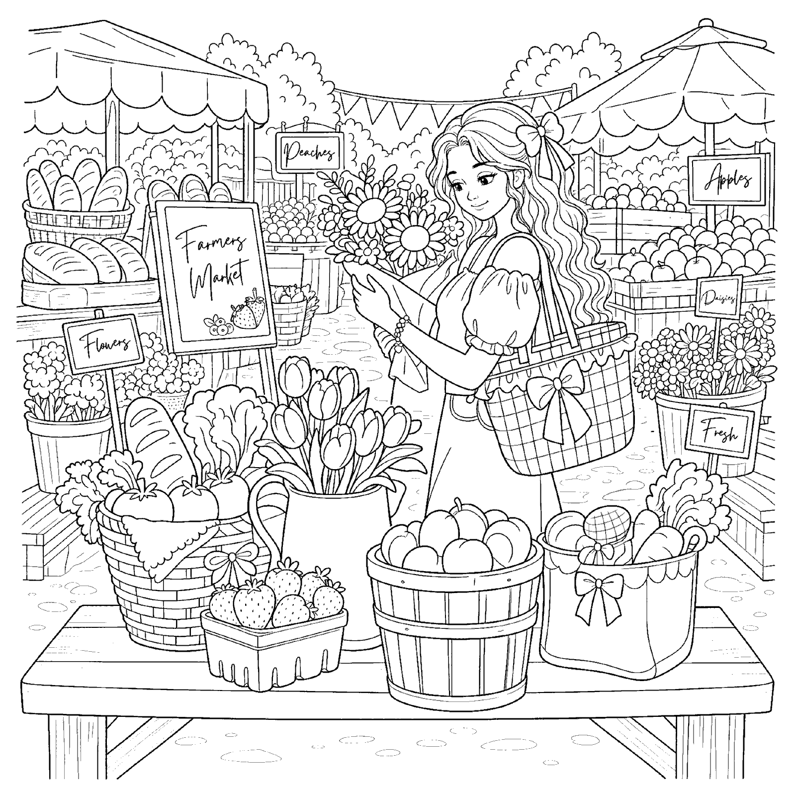 Detailed farmers market coloring page, personally illustrated by Jenna Lyne