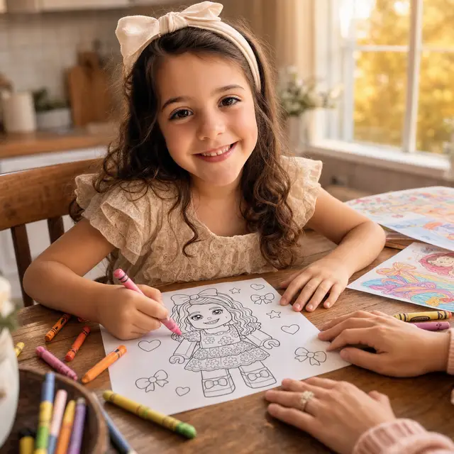 The same little girl joyfully coloring her own finished custom page at the kitchen table