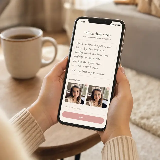 A phone showing the short order form with photos of the little girl attached