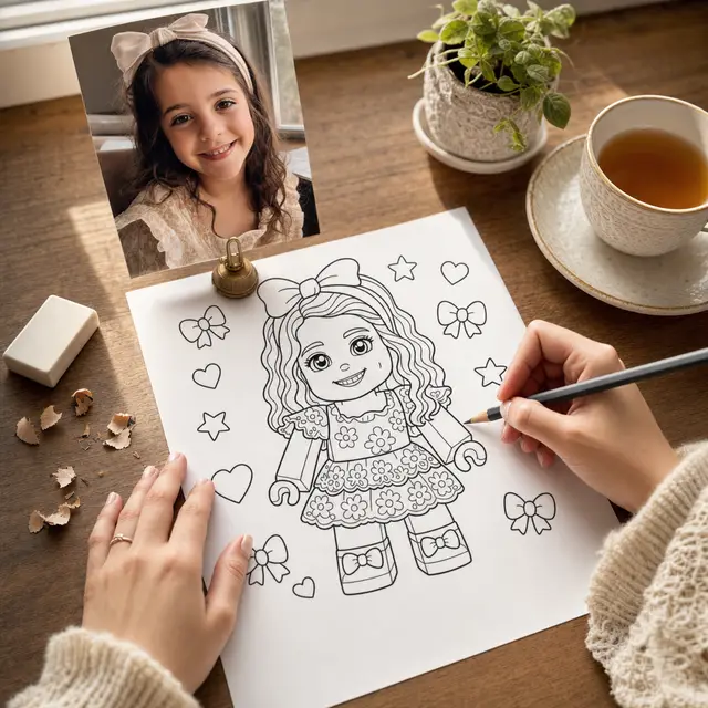 Jenna's desk: a pencil refining a printed page beside the little girl's photo
