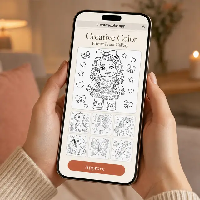 A phone showing the private proof gallery with the finished pages and an Approve button