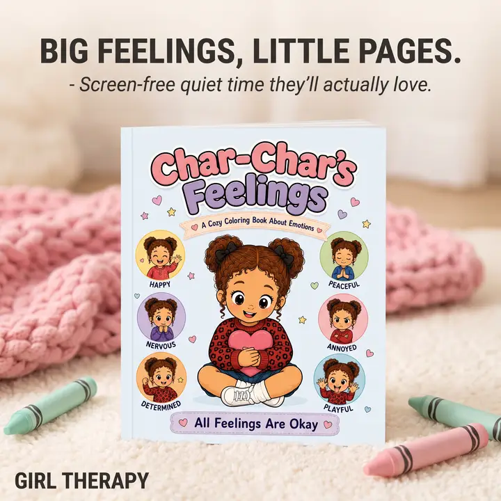 Char-Char's Feelings printed coloring book with pastel crayons on a knit blanket