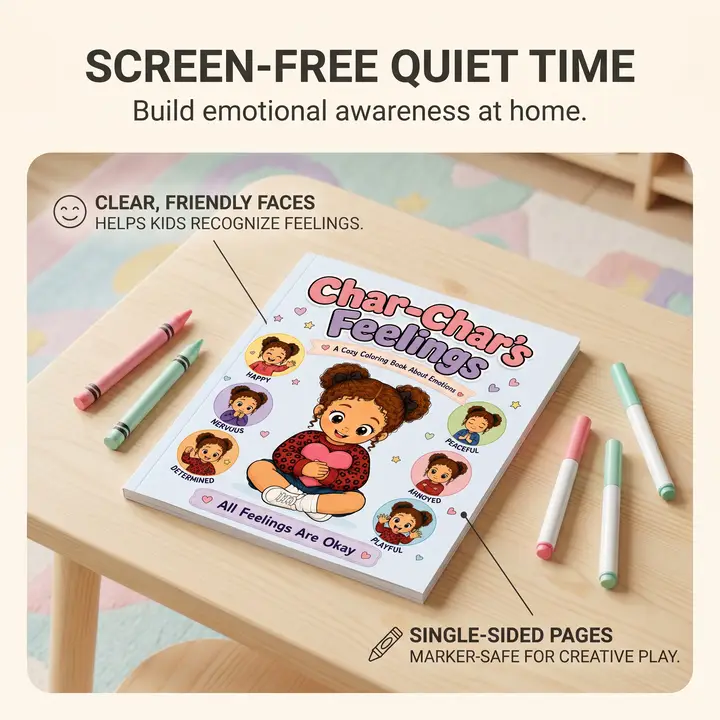 Char-Char's Feelings printed coloring book on a table with crayons