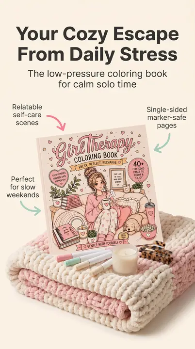 Girl Therapy printed coloring book styled on a cozy blanket