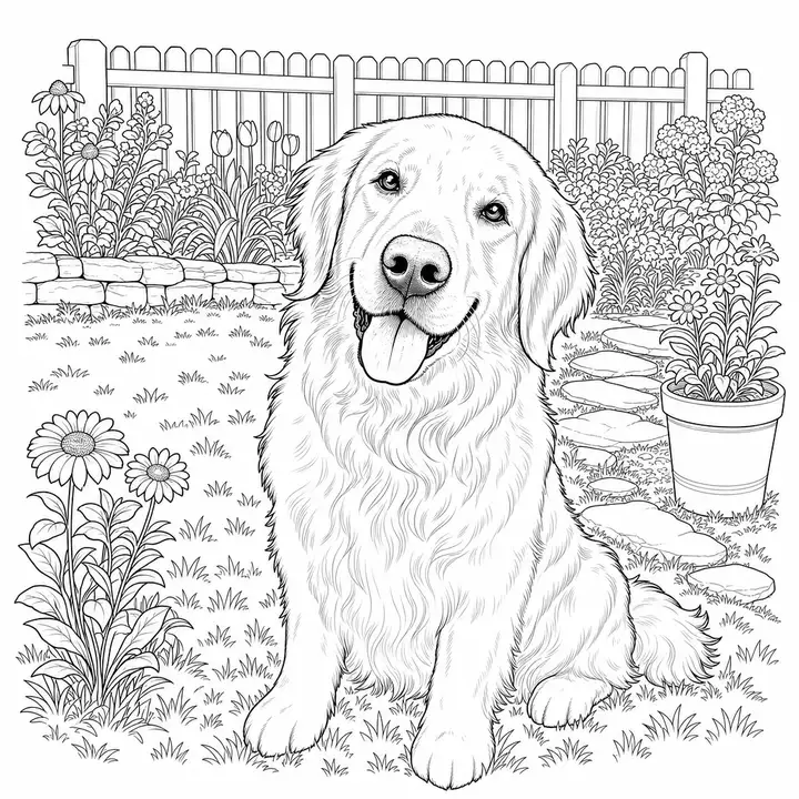 Hand-finished coloring page version: The dog who follows her everywhere, now on the page